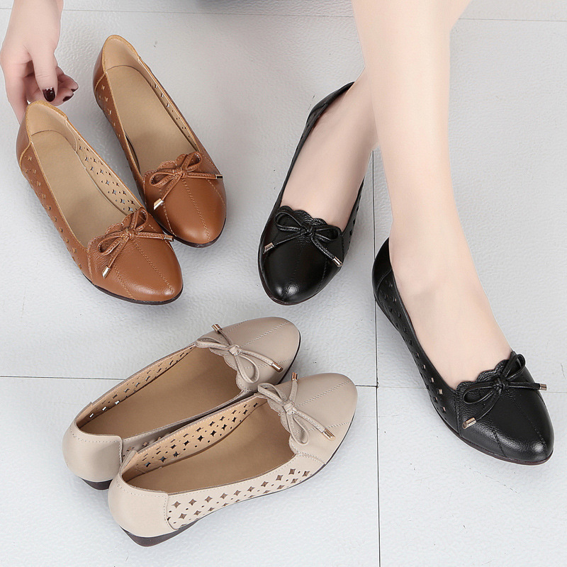 Spring and Autumn Cowhide Shoes Bow Mother Shoes Shallow Mouth Comfortable Soft Bottom Flat Heel Hole Shoes 8861