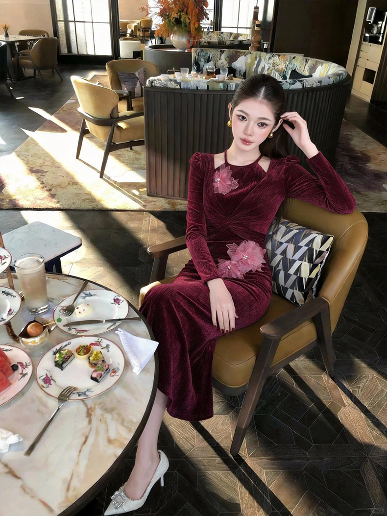 Đầm ôm body nữ thiết kế rỗng hoa lập thể phong cách Pháp — màu sắc chi tiết 11