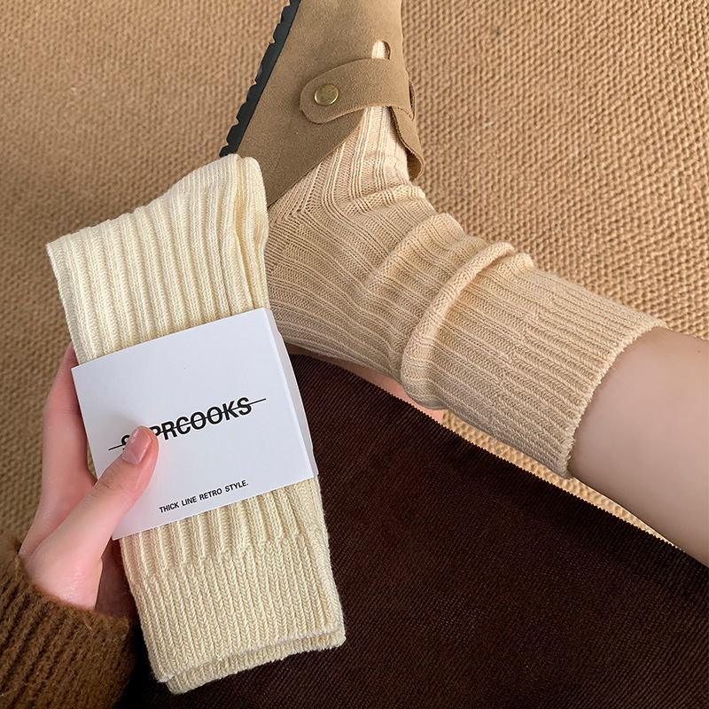 Japanese Style Retro Thick Knitted Socks for Men and Women Mid-length Socks Thickened Pile Socks Ins Autumn and Winter with Birkenstock Shoes Stockings