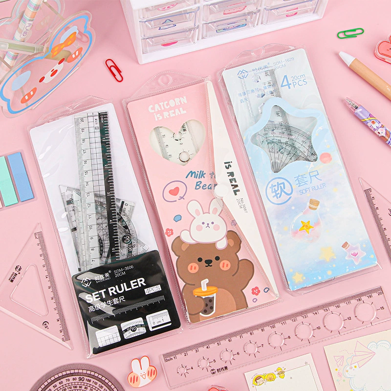Cartoon Universal Ruler Set, 4-Piece 20 cm, Flexible Student Geometry Kit
