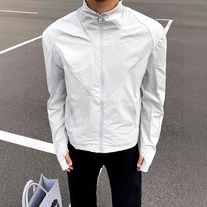Black Stand-Up Collar Sun Protection Clothing for Men in Summer Mesh Breathable Quick-Drying Thin Jacket Sports Outdoor Cycling Casual Jacket Trendy
