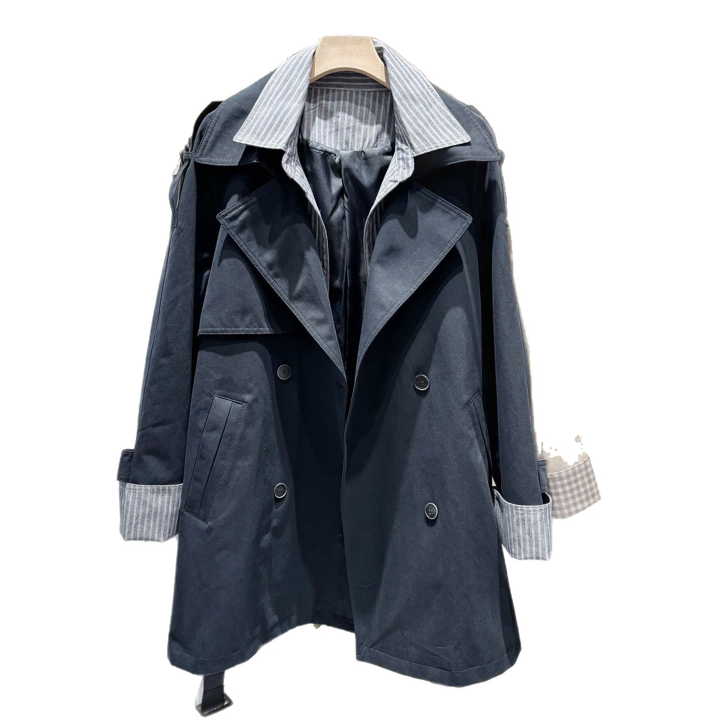 Zweiteiliger Trenchcoat mit Streifenmuster für Damen, mittellang, Frühjahrskollektion 2026, Business-Look, locker, lässig_voghion.com