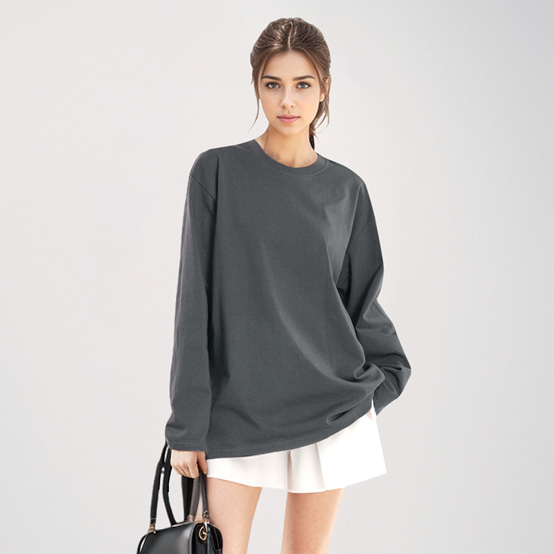 220g pure cotton combed long sleeve t-shirt for men and women, base layer, trendy loose fit, 2024 new white round neck gauze fabric