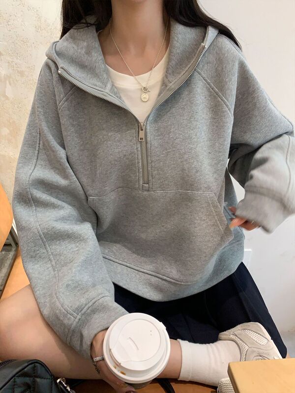 阿一 半拉链纯色短款卫衣女秋季新款宽松休闲灰色美式连帽外套|undefined