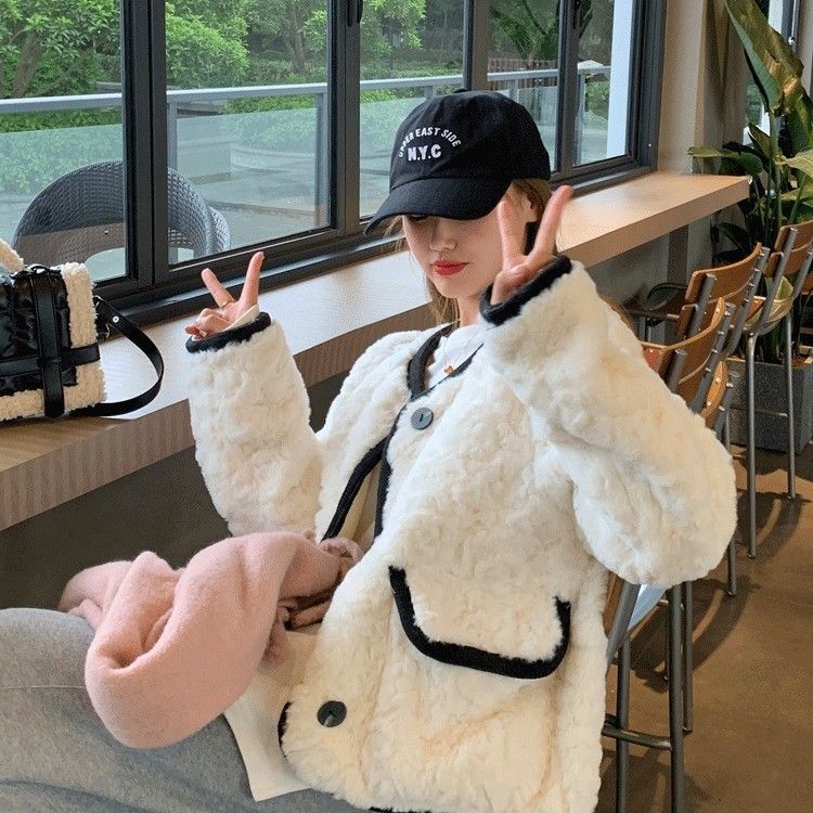 韩系毛毛外套女2025冬季短款皮毛一体小香风毛绒上衣棉服