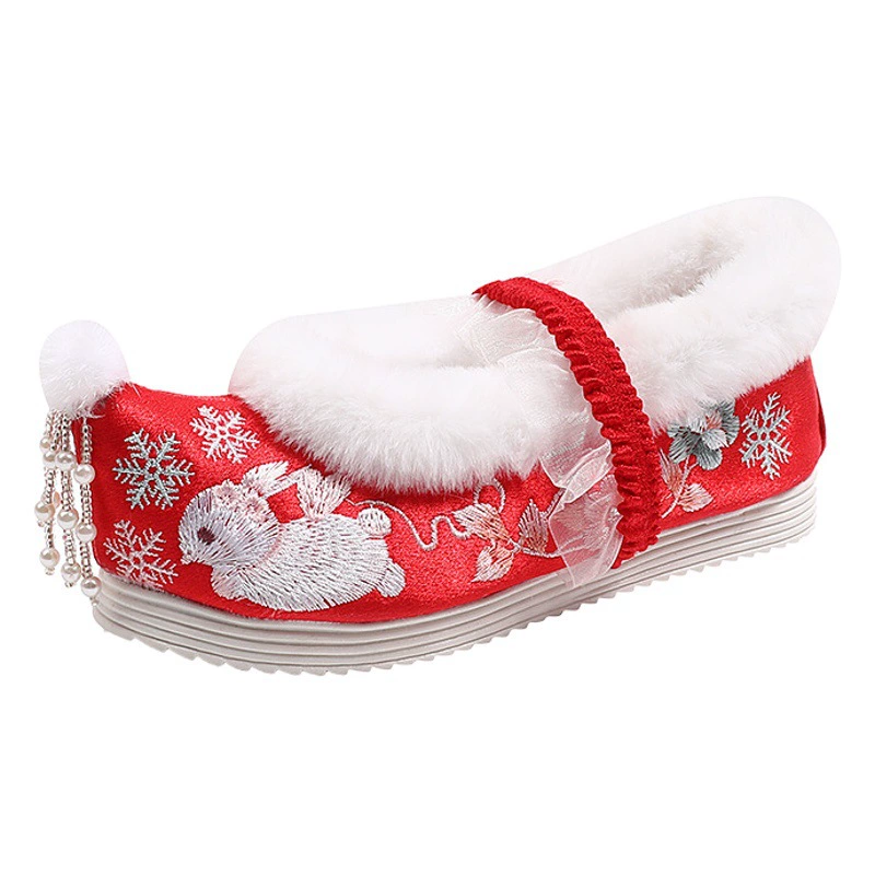 [Snow Rabbit] Новинка 2024 года, зимняя обувь ханьфу для девочек, обувь с вышивкой в старинном костюме, детская обувь на плоской подошве для показа принцессы