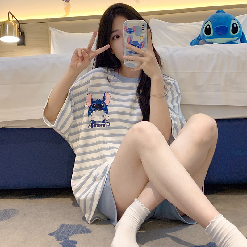 睡衣女夏季2025年新款短袖短裤棉质薄款家居服条纹网红风套装大码