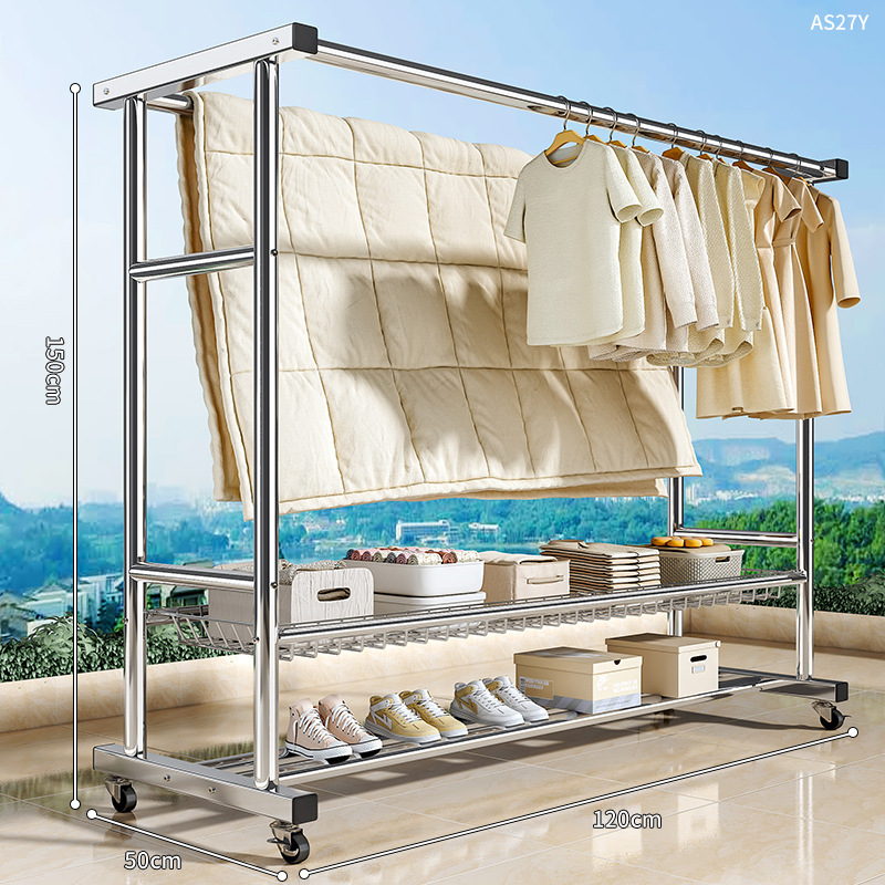 [매우 두꺼운 스테인레스 스틸] 120CM 이중 극 업그레이드 이중 레이어 스크린 프레임 + 범용 휠