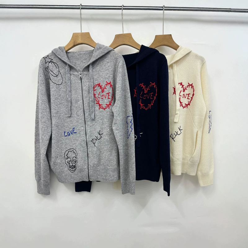 ZV26 Autumn/Winter French Design Heart Skull Letter Embroidery Cashmere Hooded Zipper Casual Knit Cardigan ZV26 Autumn/Winter French Design Heart Skull Letter Embroidery Cashmere Hooded Zipper Casual Knit Cardigan