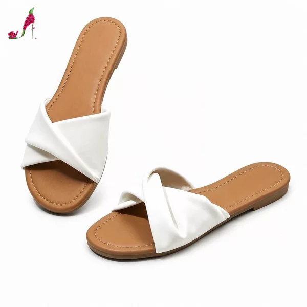 Cross-Border Foreign Trade Women's Twist-Knot Pleated Flat Sandals, Simple Vacation Minimalist Korean Style Sandals, Spring and Summer Women's Shoes in Stock