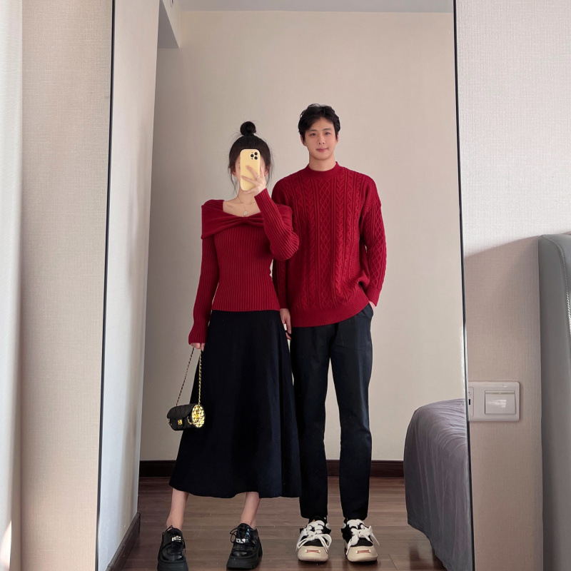 2024 년 가을 · 겨울 신년 커플 원피스 남녀 레드스웨터 올해 생활면허 약혼 1 원피스 1 원피스 세트