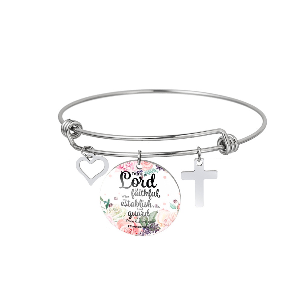 Retro Cross Round Letter Stainless Steel Bangle