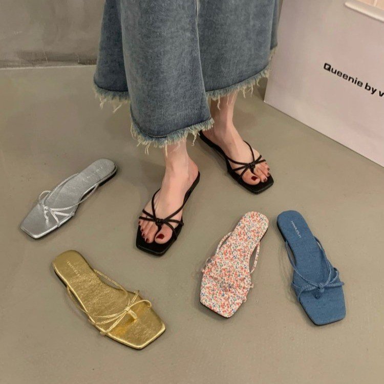 French Flats Flip-Flops Fairy Shoes Outer Wear 2024 New Summer Beach Sandals Silver Sandals