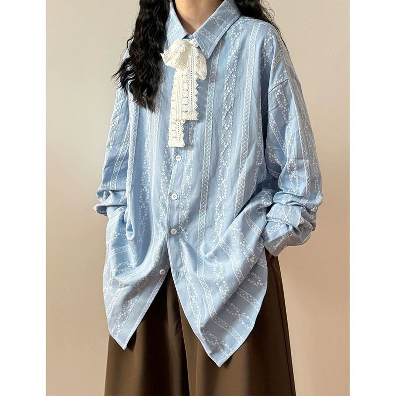 Japanese Retro Literary Sweet Striped Jacquard Lace Tie Shirt Women Spring Autumn New Loose Casual Top Women