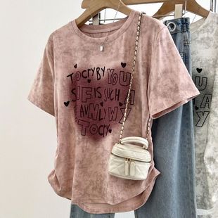 plus size Tie-Dye Love Letter Printed Short-sleeved Shirt Women's Summer 2025 New Loose Slimming Chubby Top Women
