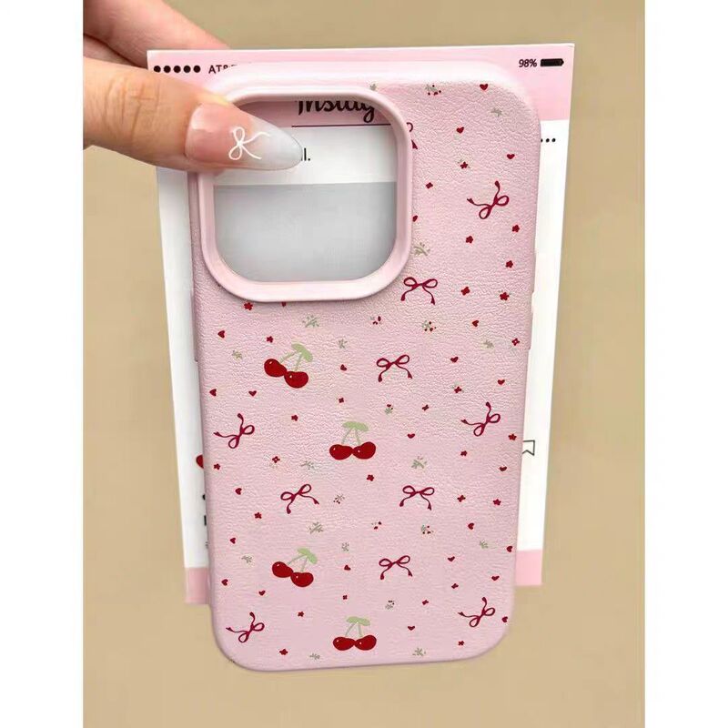 Ins Bow Cherry Suitable for Iphone15/16Promax High-End Leather Texture 12 Apple 14 Mobile Phone Case Soft