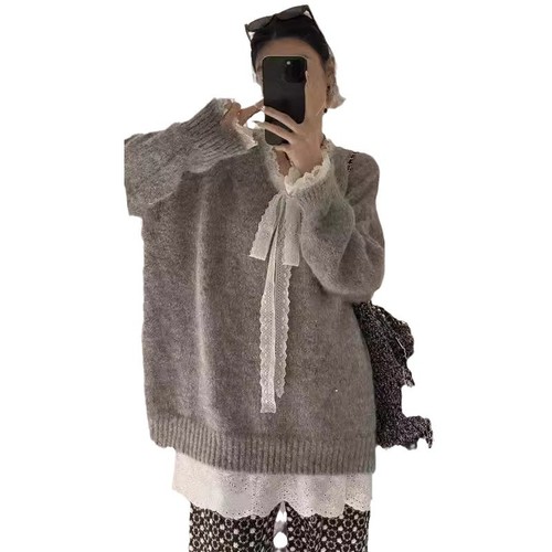 YUNSHU韩版设计感蕾丝飘带软糯套头毛衣女秋冬宽松慵懒风针织衫