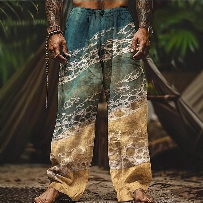 2025 Cross-Border Amazon Fashion Casual Style Men's 3D Printed Loose Straight Pants Vacation Beach Pants