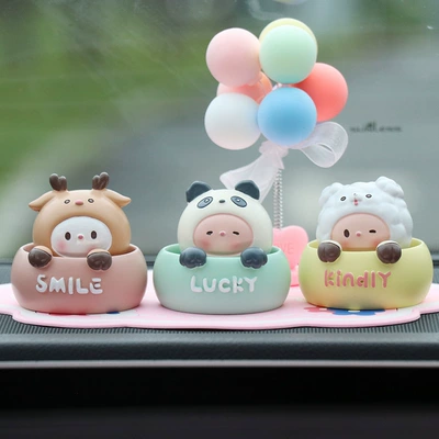 ornaments desktop decoration resin: Car ornaments - little-deer-panda-puppy-balloon-pink-lucky-mat
