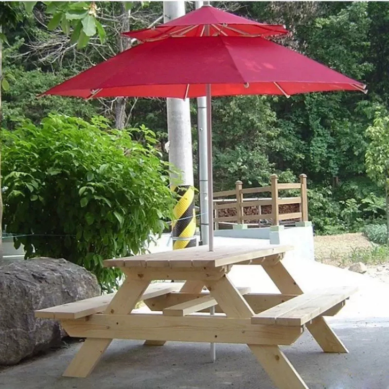 户外桌椅组合奶茶咖啡店庭院室外食堂连体餐桌椅带伞公园实木防腐