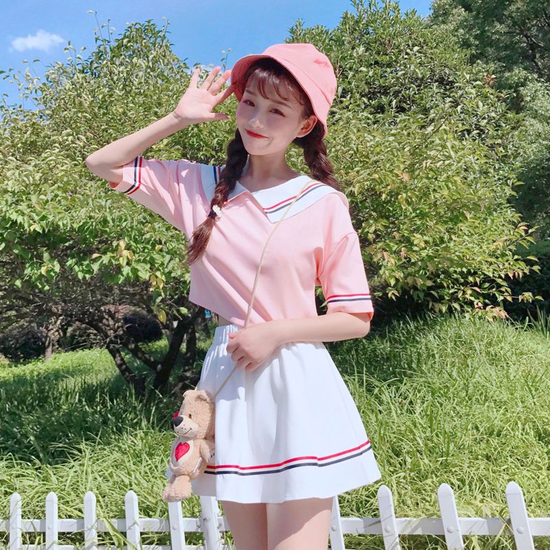 夏季jk制服套装甜美可爱粉色系少女学院风短裙娃娃领裙装日系女装
