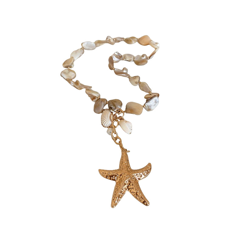 Collar de perlas de estrella de mar con cuentas de estilo de vacaciones junto al mar, nueva cadena de clavícula transfronteriza, joyería de lujo ligera de alta gama de nicho para mujer