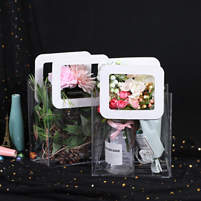 透明pvc手提袋定 制婚礼喜糖伴手礼塑料袋鲜花化妆品pu手柄包装袋