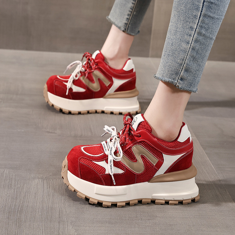 Giày sneaker nữ đế dày lưới thoáng khí phong cách daddy — màu be