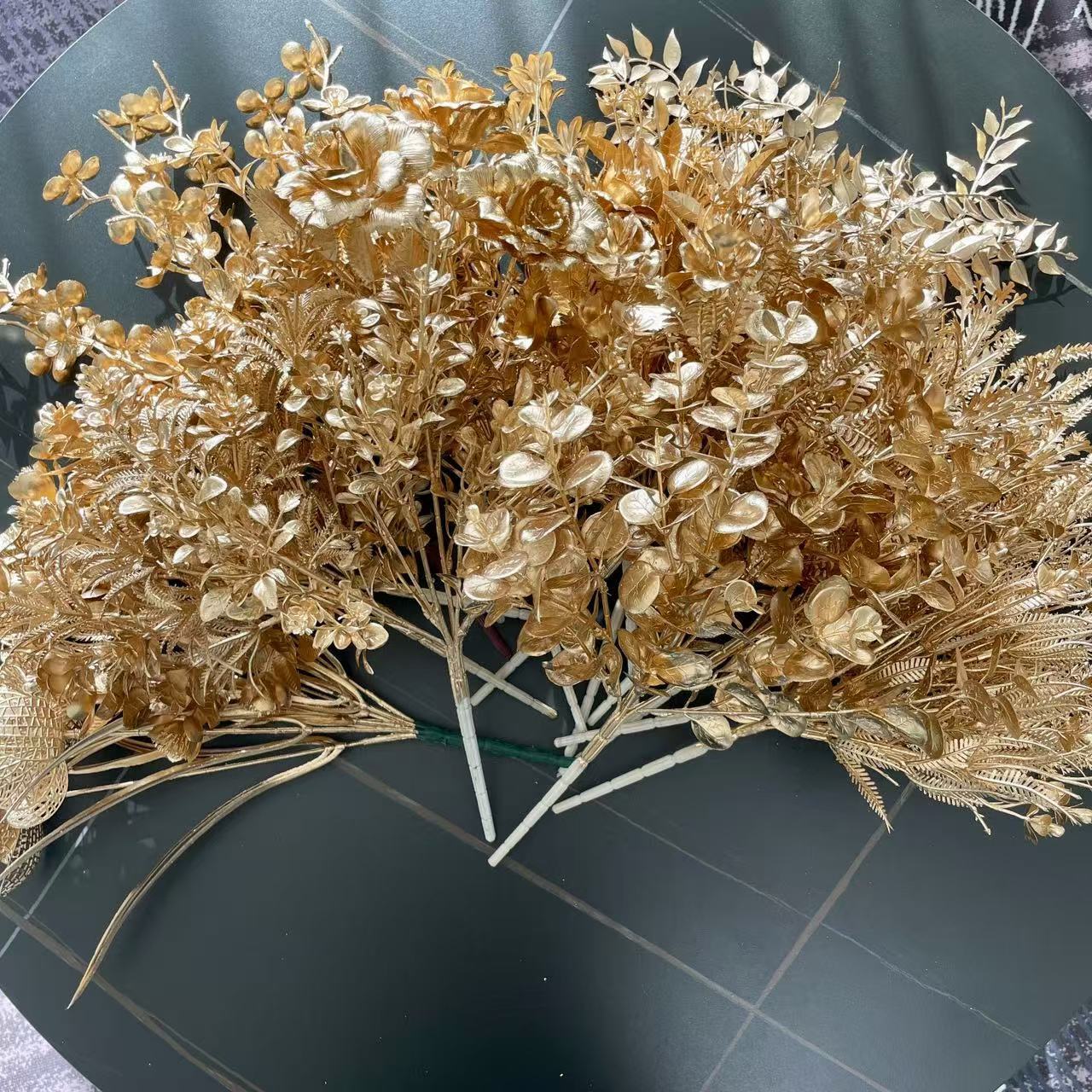 金色系短枝把束塑料花仿真花 福桶插花装饰配件花材圣诞年宵假花