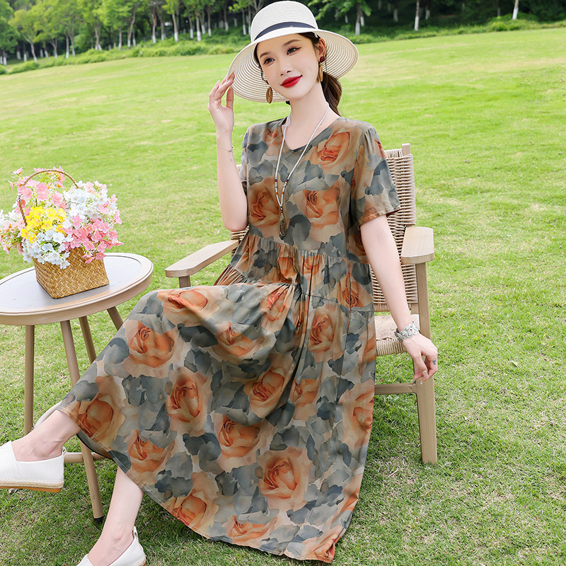Soft Pure Cotton Silk Floral Dress Extra Long Summer New Classy Elegant Mother's Large Skirt Casual Skirt