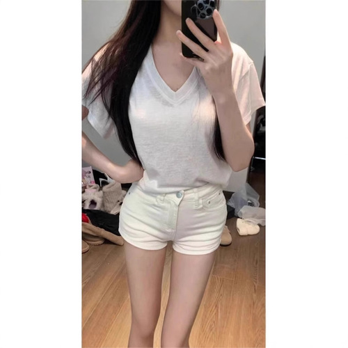 Petite American-style spicy girl white denim shorts women's summer high-waisted elastic tight slimming butt-bounding hot pants