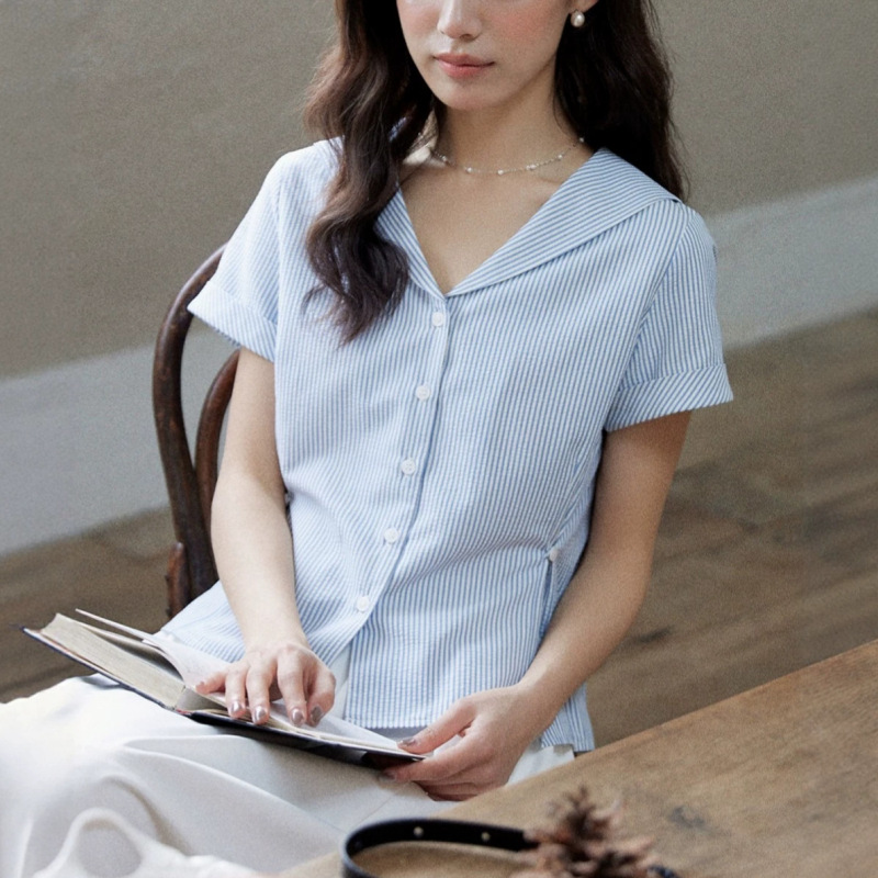 Mixabo French-Style Blue Fine Striped Lapel Shirt for Women, Short Summer Waist-Cinching Slim-Fit Navy Collar Short-Sleeve Top Mixabo French-Style Blue Fine Striped Lapel Shirt for Women, Short Summer Waist-Cinching Slim-Fit Navy Collar Short-Sleeve Top