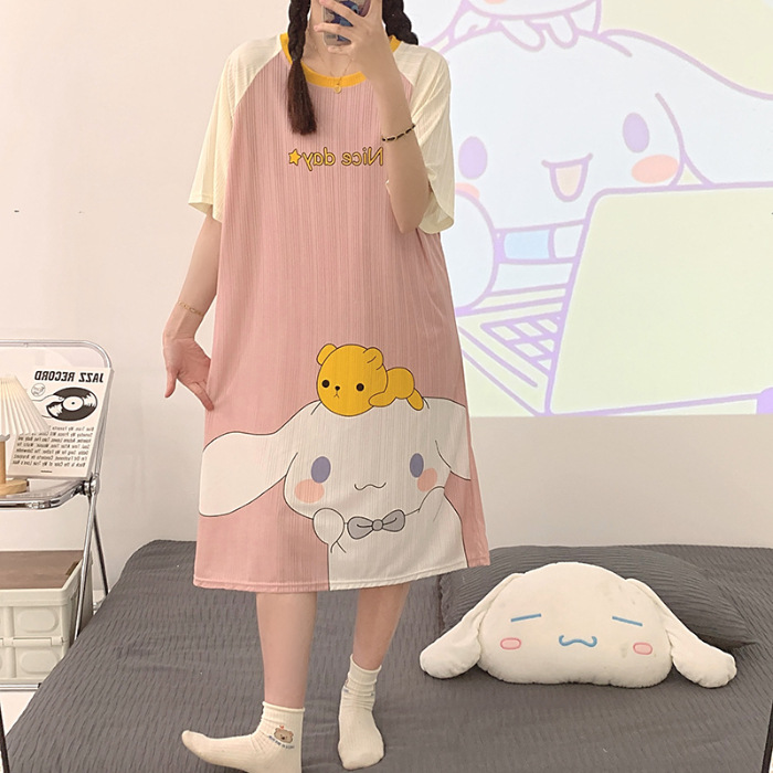 2023 camisón de verano cuello redondo de las mujeres de dibujos animados estudiante Delgado pijamas de manga corta