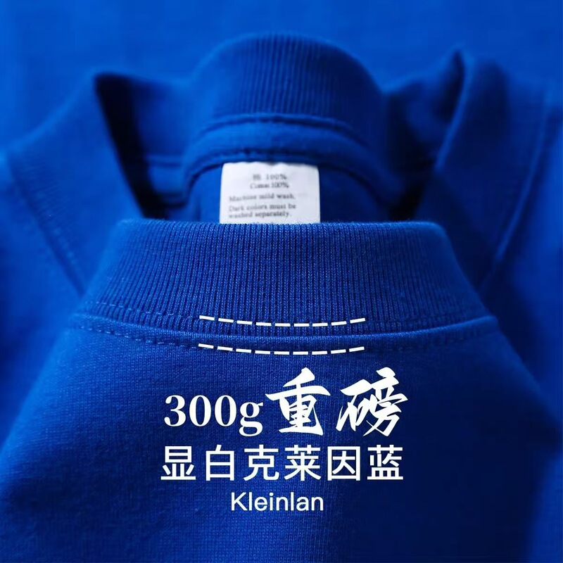 300g Heavyweight Pure Cotton Short-Sleeved T-Shirt for Men Klein Blue Round Neck Solid Color Loose Casual Base Shirt Summer New Style