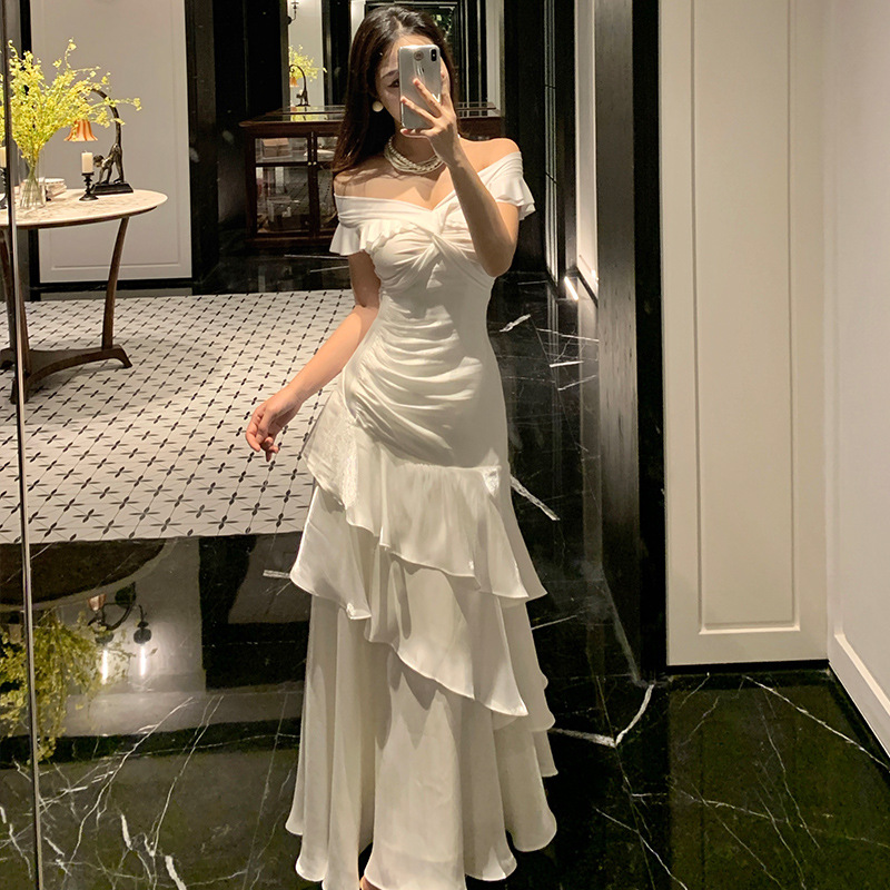 Annual Meeting, Birthday Party, Adult Dress, French One-Shoulder Light Luxury Dress, High-End Fishtail Skirt, Ruffled Long Skirt