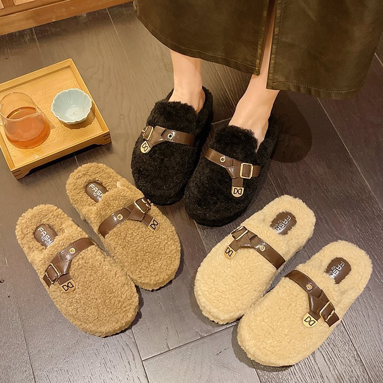ファッション松餅の厚い底の頭の半分のスリッパの女性は2023の新型の秋の冬の羊の小毛の靴を着て綿をつけます。|undefined