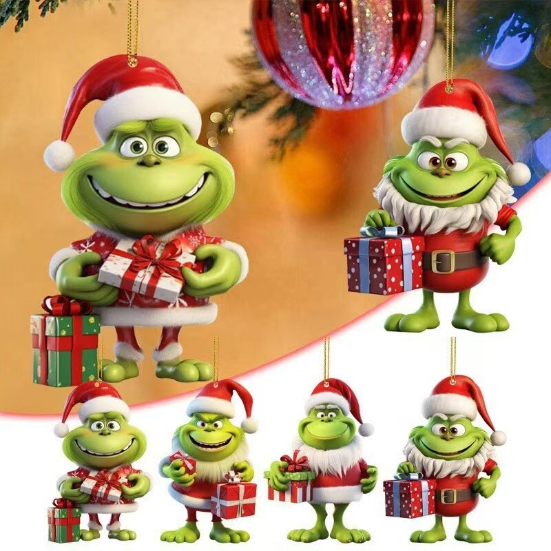 Cross-Border Grinch Christmas Decorations New Model Christmas Tree Acrylic Flat Green Plush Hanging Ornaments