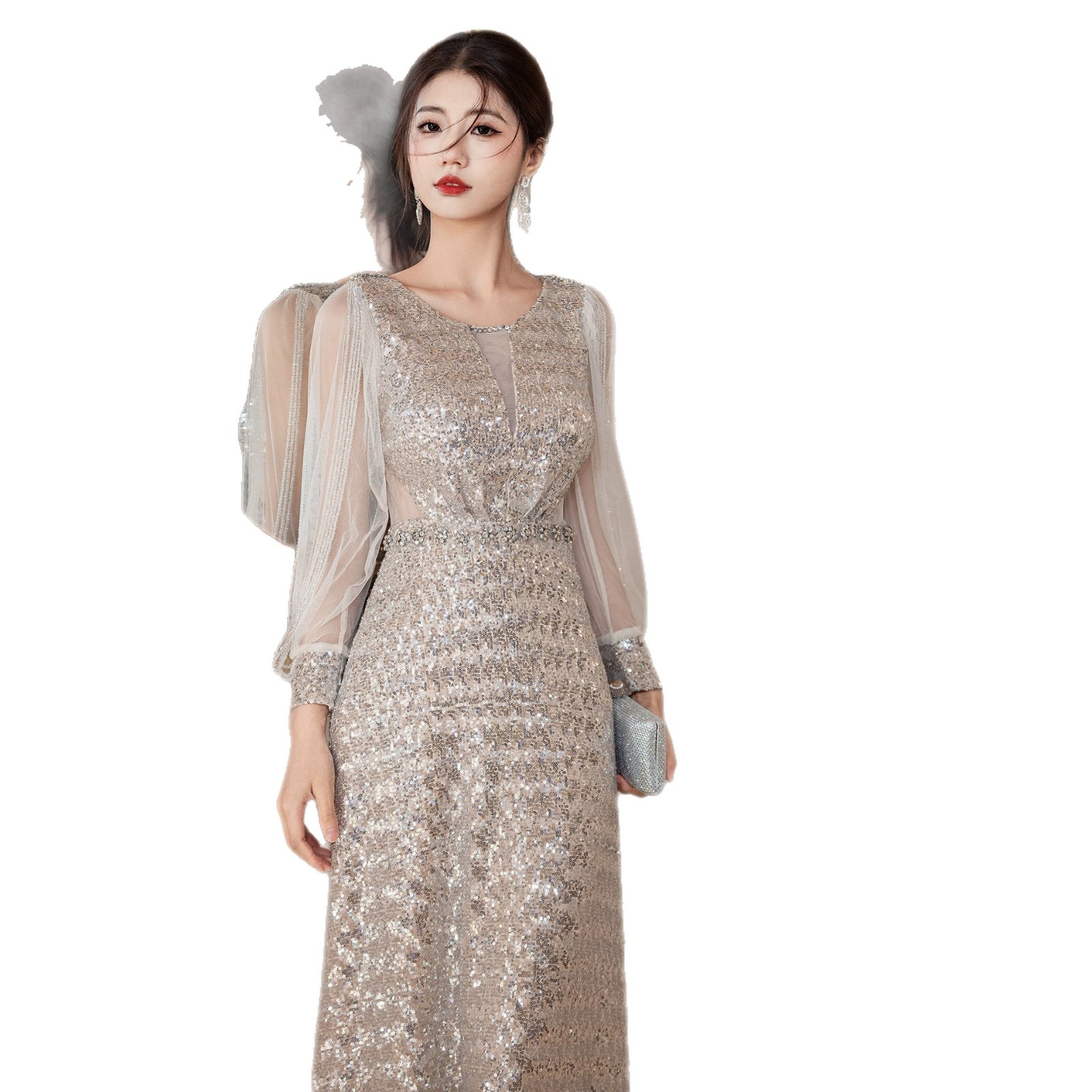Elegant Sequined Fishtail Evening Dress For Women Slim Fit Wedding Party Wear_ecoleips.com