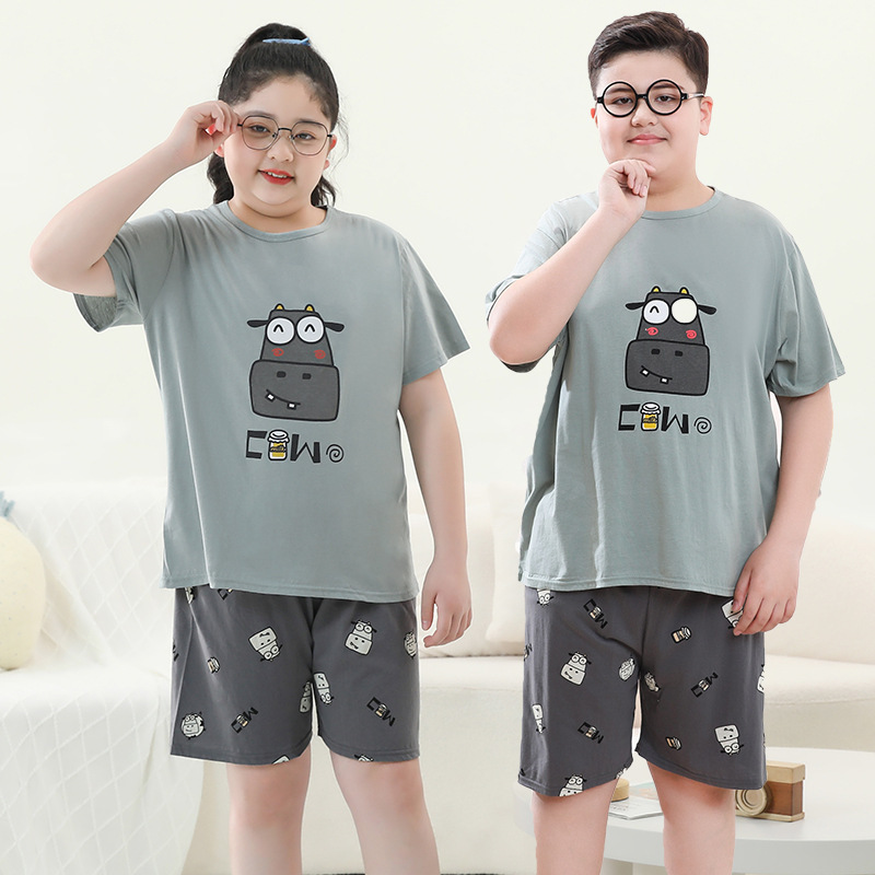太った子供服の男の子の大きいサイズの夏服の薄いタイプのエアコンの服は肥えて家の服の青少年のパジャマの2セットのファッションを増加します。|undefined