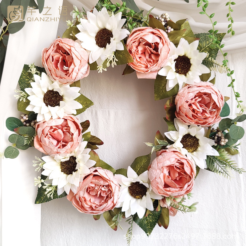 亞馬遜仿真絹布牡丹門飾婚禮門楣花攝影婚慶燭臺花環(huán)絹花粉色掛飾