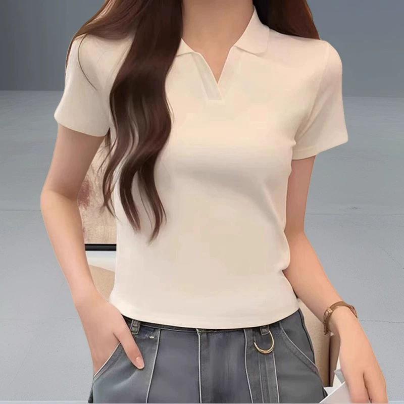 Белая футболка с короткими рукавами и воротником-поло на правое плечо для женщин, летняя новая стильная футболка с маленькой талией, короткий топ из чистого хлопка с лацканами