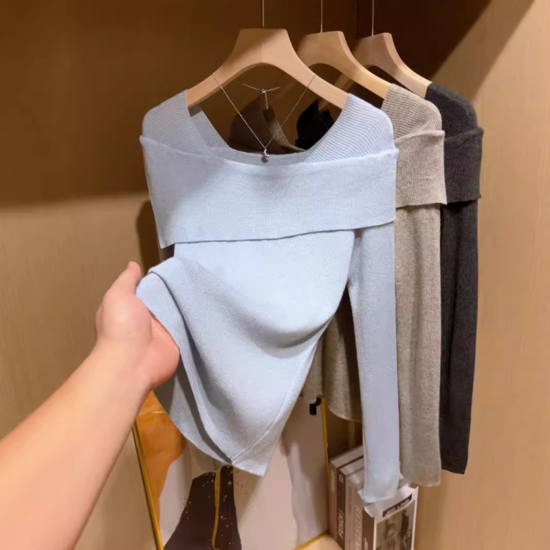French-Style One-Shoulder Diagonal Off-Shoulder Long-Sleeve Knitted Sweater for Women, Unique Design for Autumn, Inner Layer Base Shirt Top