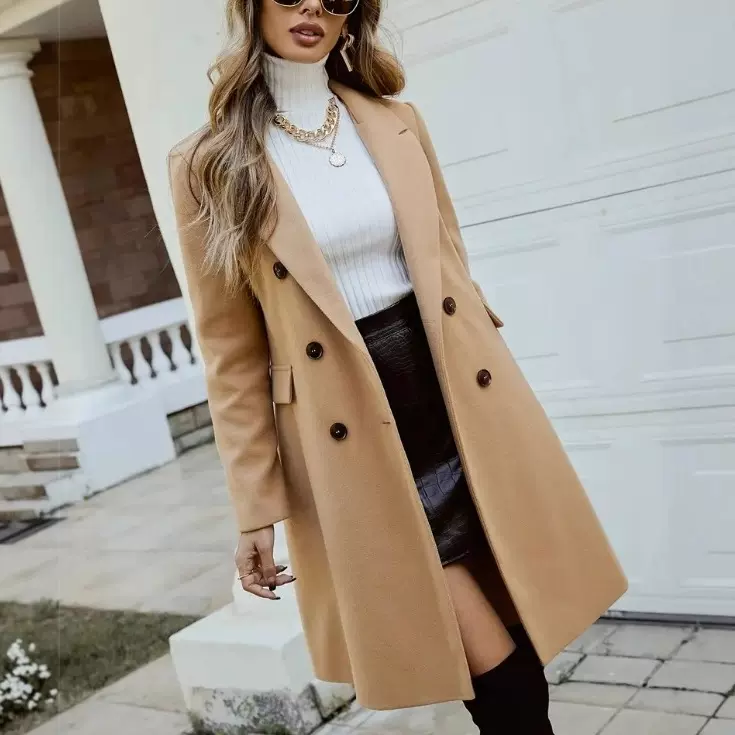 2026跨境欧美贸易秋冬新款女士气质优雅外套双排扣秋冬毛呢大衣