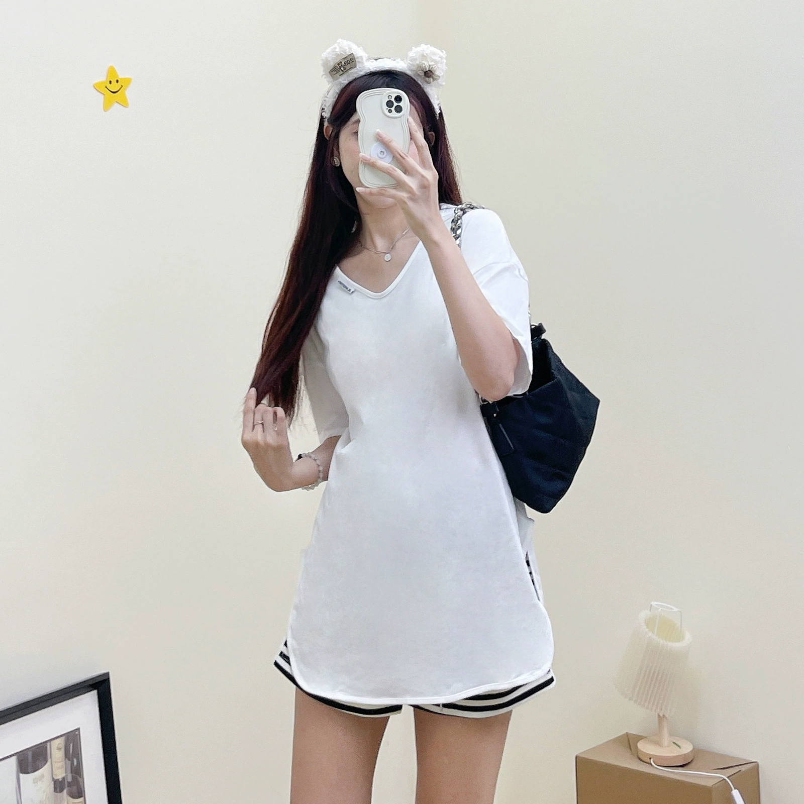 Сьюхю Мэй Summer fashionable long T-shirt for pregnant for leisure, Korean style, V-neckline, oversize, mid-length