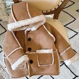 韩版男女宝宝冬装新款外套 复古时髦绒面加厚羊羔毛厚实保暖外套