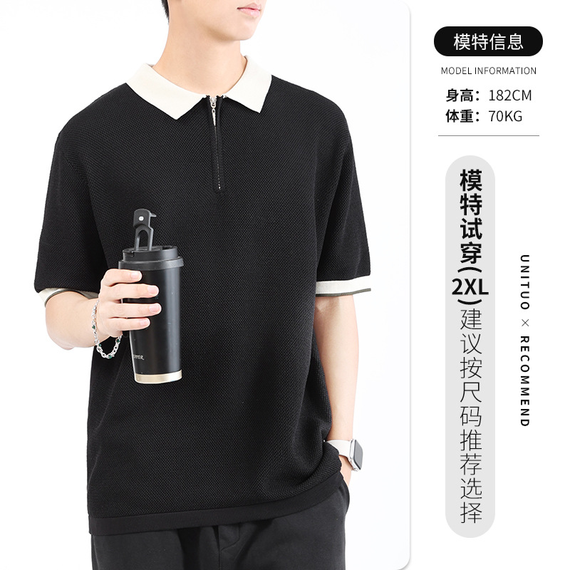 Hombres polo de verano para hombres, camiseta de punto de alta calidad de seda de hielo secado rápido con solapa de color contrastante, ropa transpirable de mangas cortas para hombres