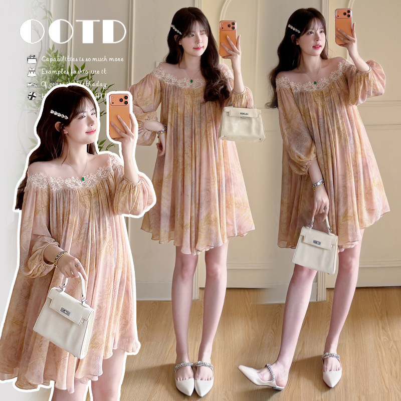 Maternity Wear 2026 Summer New Fashion One-Line Collar Floral Short Skirt Summer New Chiffon Dress Women's Maternity Dress Maternity Wear 2026 Summer New Fashion One-Line Collar Floral Short Skirt Summer New Chiffon Dress Women's Maternity Dress