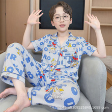 2025款短袖长裤儿童仿棉开衫卡通女孩男童翻领睡衣童装家居服批发