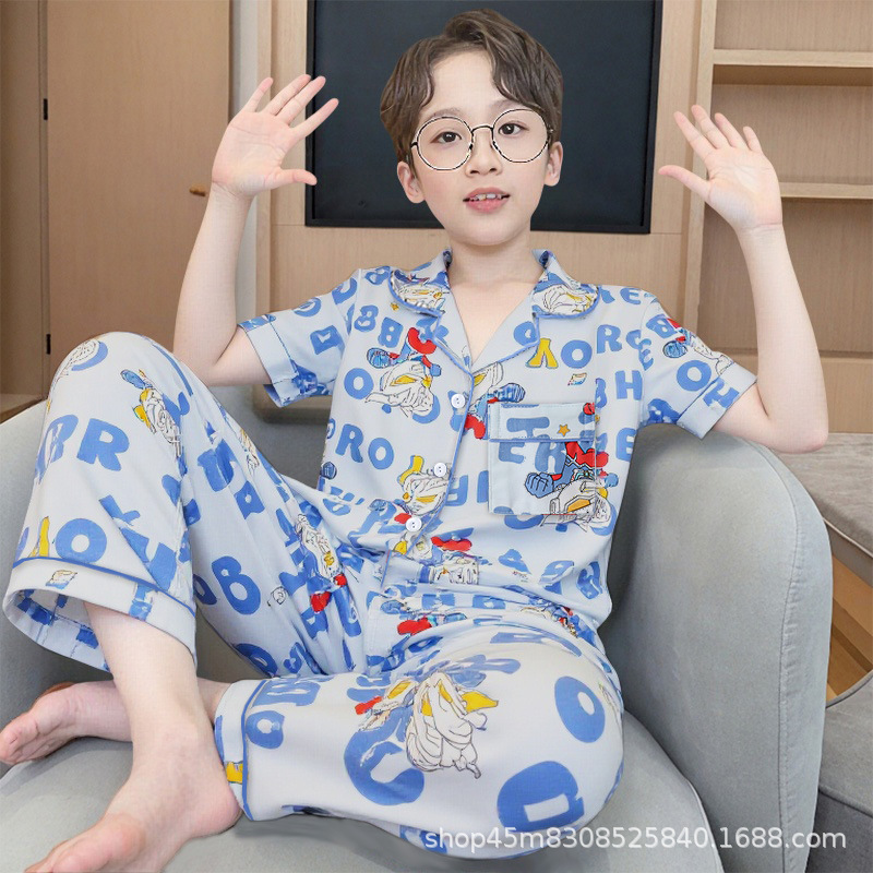 2025款短袖长裤儿童仿棉开衫卡通女孩男童翻领睡衣童装家居服批发