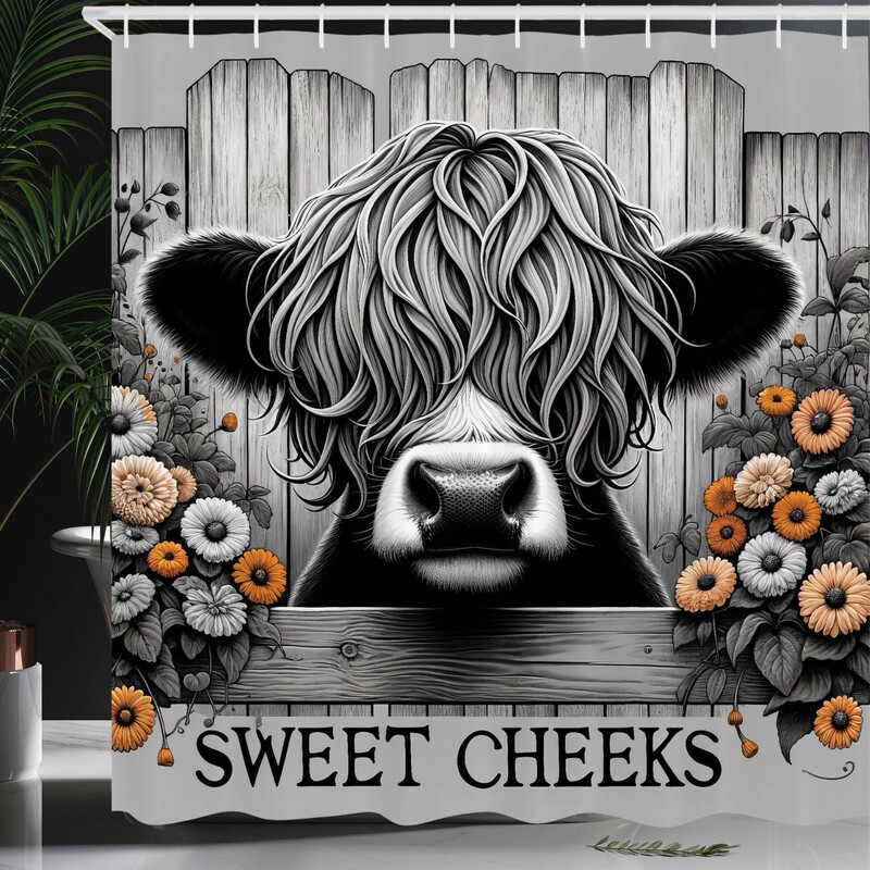 Shower Curtain Bathroom Curtain Cross-Border Vintage Farmhouse Style Monochrome Cow Print Polyester Thickened Shower Curtain Digital Printing